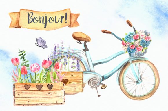 Bonjour Watercolor Clip Art Set & Illustrations