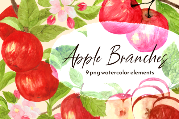 Fall Apple Branch Watercolor Clipart Set Illustrations