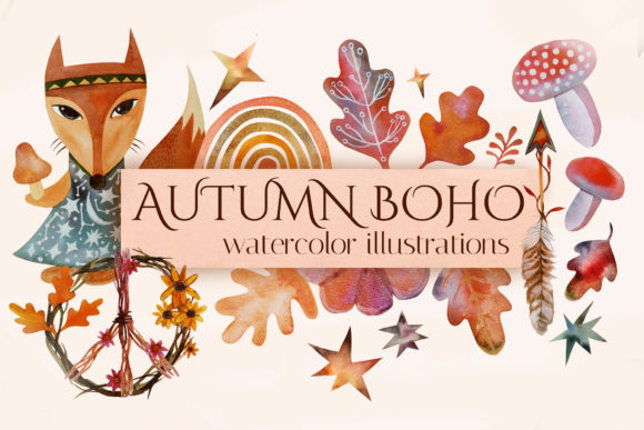 Fall Watercolor Clipart. Boho Autumn Illustrations