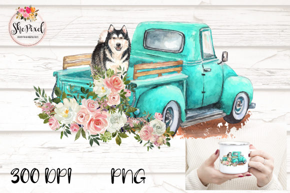 Husky Watercolor Vintage Truck Clipart & Illustrations