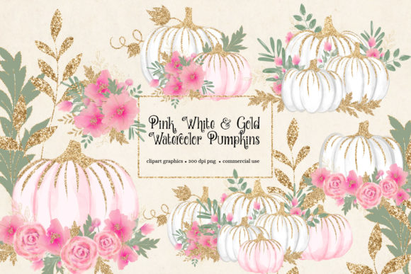 Pink White and Gold Watercolor Pumpkins Illustrations