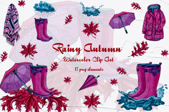 Rainy Autumn Watercolor Clip Art & Illustrations