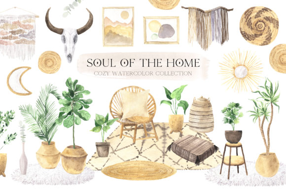 Watercolor Boho Home Interior Clipart & Illustrations