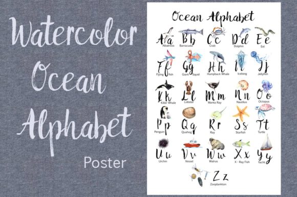 Watercolor Ocean Alphabet Poster & Illustrations