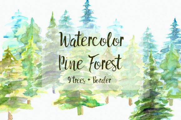 Watercolor Pine Trees Clip Art Set & Illustrations