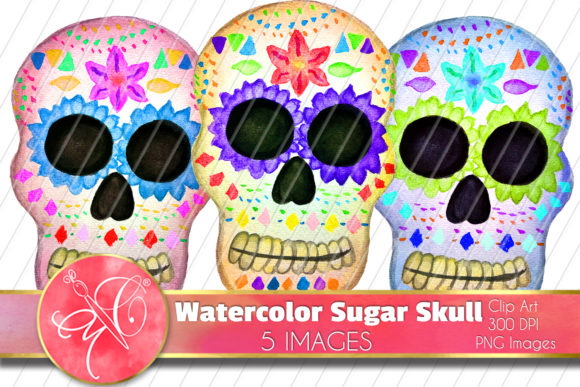 Watercolor Sugar Skull Clip Art & Illustrations